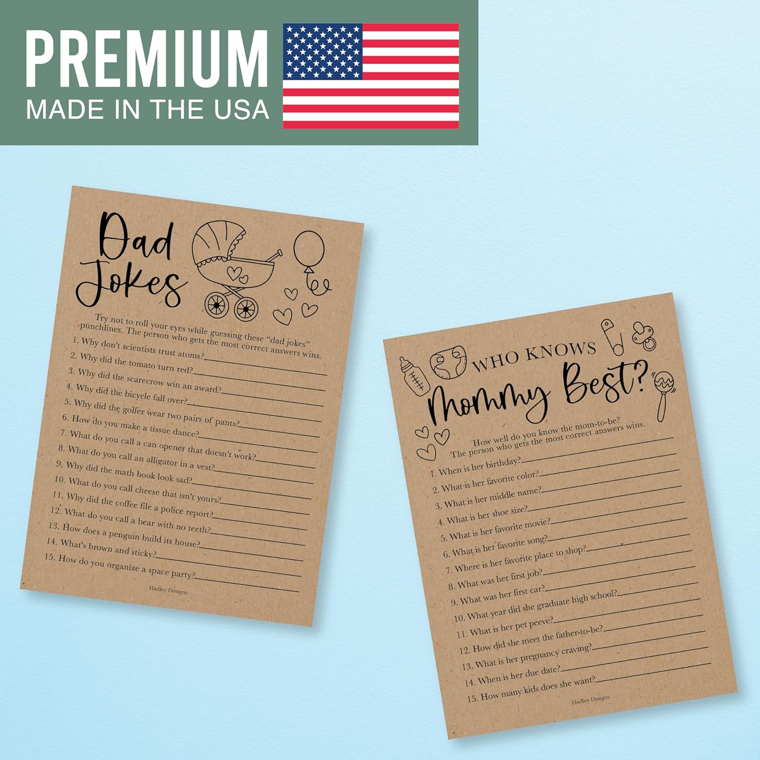 20 Rustic Baby Shower Gender Neutral Games-Hilarious, Funny Games | Who Knows Mommy Best-Dad Jokes Game Card
