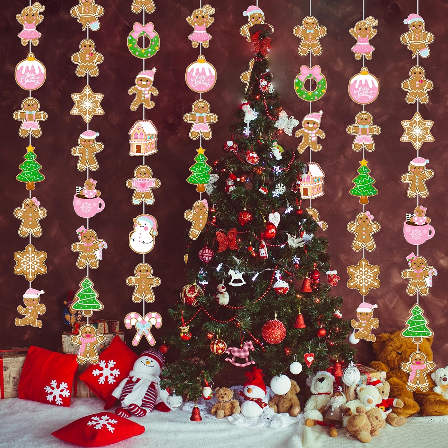 Gingerbread Theme Garlands Pink Christmas Decorations Girls 8Pcs Gingerbread House Xmas Tree Paper Garland Banners Christmas Party Supplies For Winter Holiday Birthday Wall Door Ceiling Decor