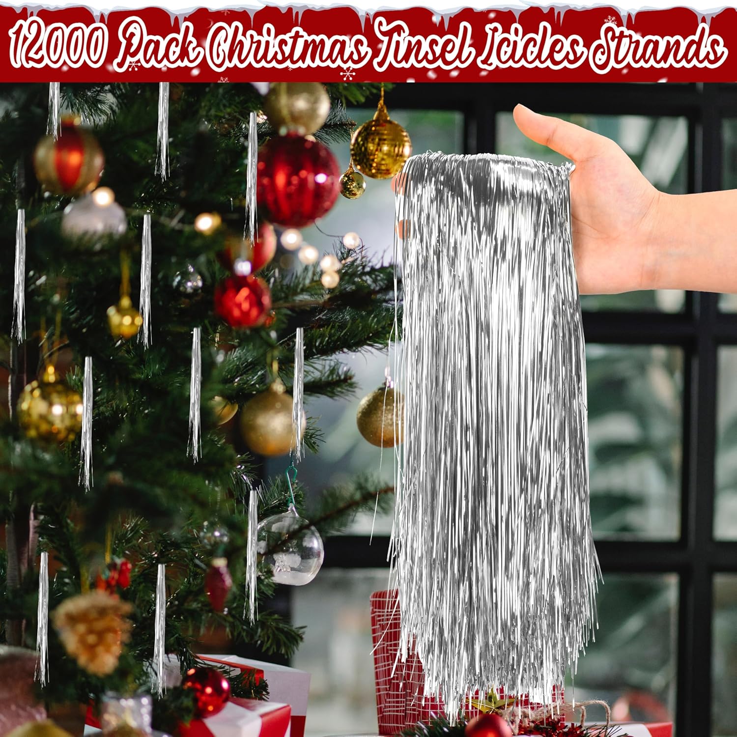 12000 Strands Silver Christmas Strand Tinsel Icicle,19.7" Tinsel Foil Fringes Shiny Icicles Garland Christmas Tree Glitter Hanging Decorations For Indoor Outdoor Home Holiday Party Supplies