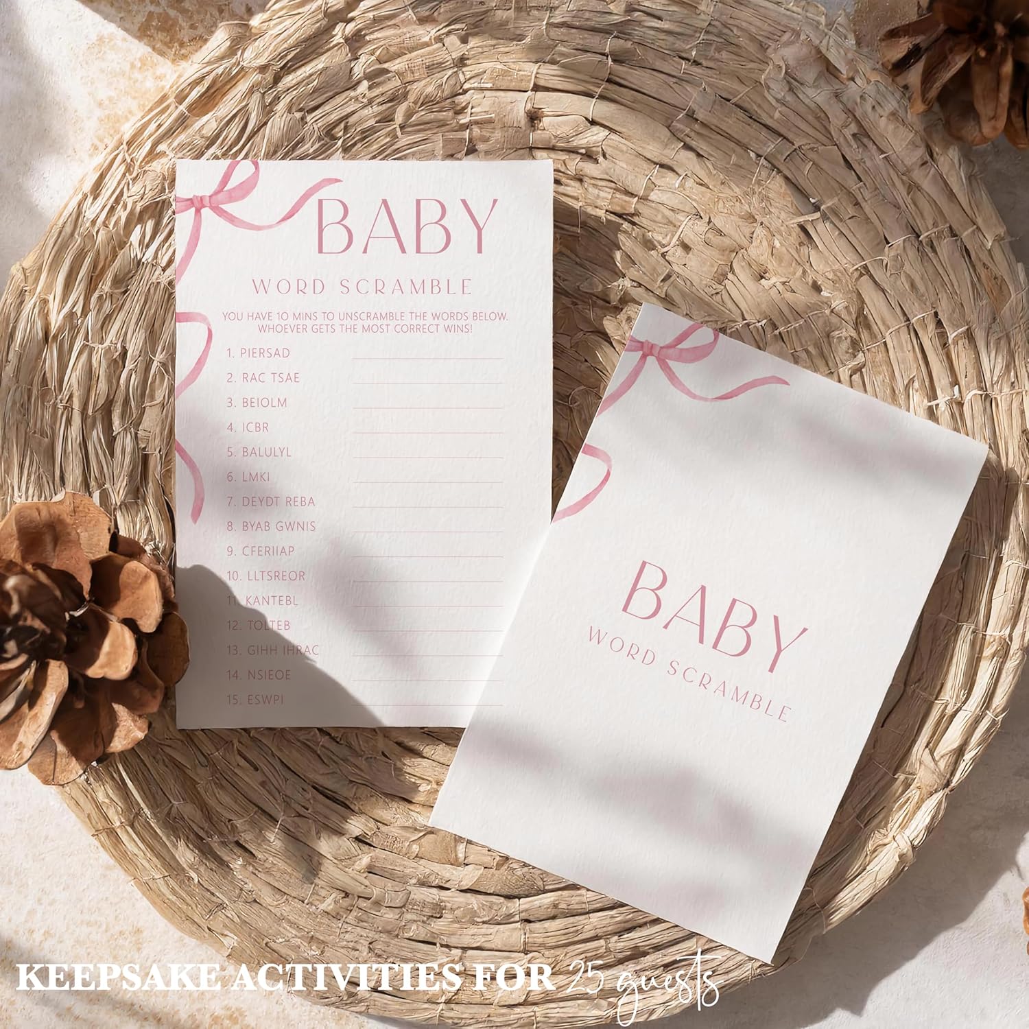 Pink Bow Baby Shower Games, Baby Word Scramble Game Set, 5"X7" & 25 Pcs Gender Neutral Party Decorations Supplies Favors Ideas-B05