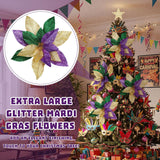 4 Pcs 16'' Mardi Gras Flowers Mardi Gras Poinsettia Flowers Artificial Extra Large Glitter Poinsettia Picks Stems Ornaments Purple Gold Green Foldable Floral For Holiday Party Decorations