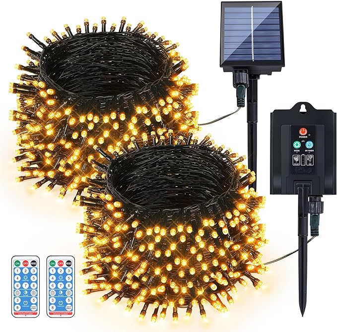 2 Pack 144FT Solar String Lights 400 LED Warm White Waterproof Outdoor Christmas Lights