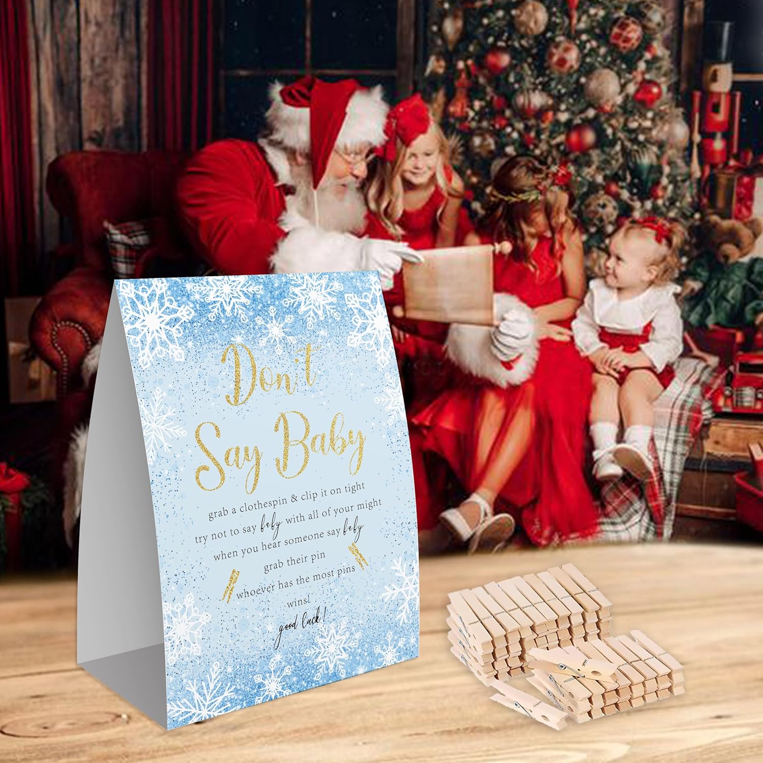 Don'T Say Baby Game, Christmas Baby Shower Game,Winter Baby Shower, 50 Wooden Clothespins And One Sign, Christmas Baby Shower Decorations, Winter Gender Reveal-Dsbb08