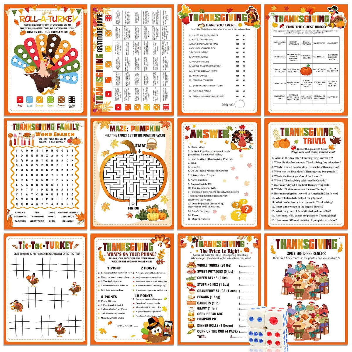 52Pcs Thanksgiving Games For Family Party Adults Groups Activities, Thanksgiving Friendsgiving Games Trivia Word Search Turkey Dice Game Card Set Fall Harvest Party Supplies