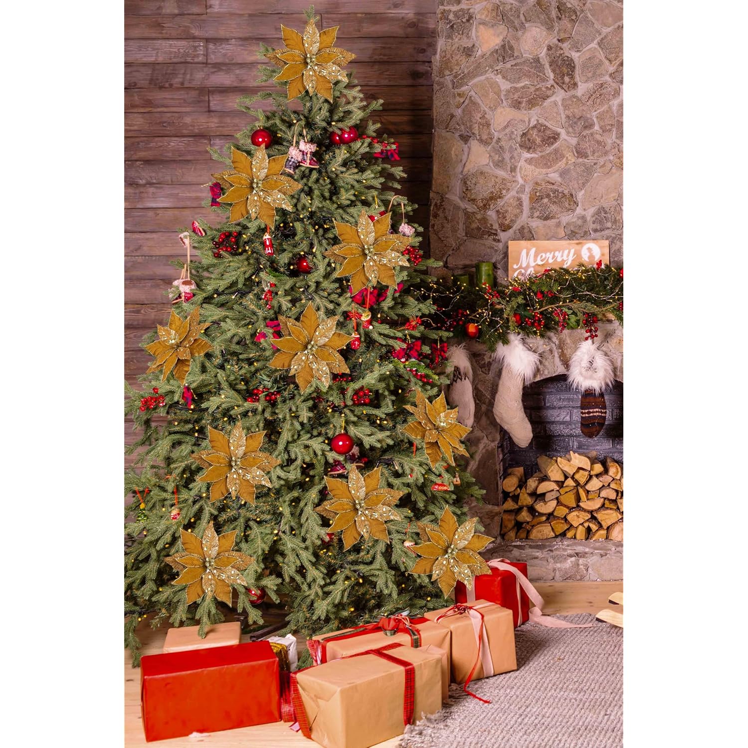 12'' Large Heads Christmas Glitter Poinsettia Flowers Christmas Tree Ornaments Set Of 4 Artificial Flowers With Picks Stems For Xmas Tree Party Diy Holiday Decorations, Chololate