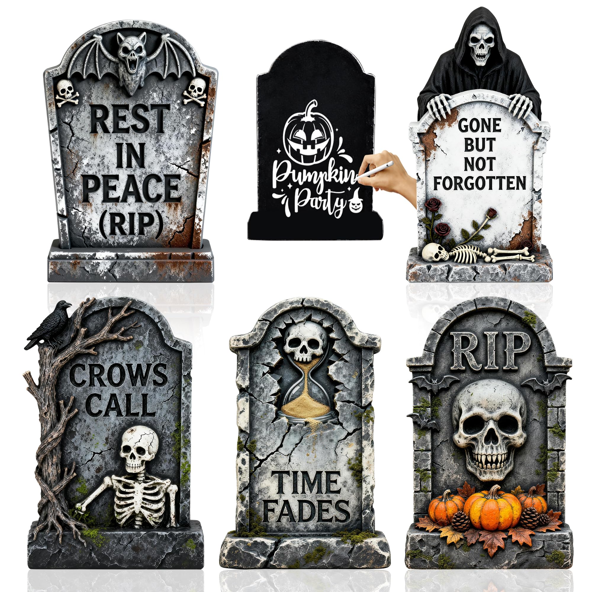 25” Halloween Tombstones Outdoor Decorations, 5 Pack Halloween Graveyard Headstone Decorations with 10 Bonus Metal Stakes for Outdoor Yard Lawn & Halloween Party Decor