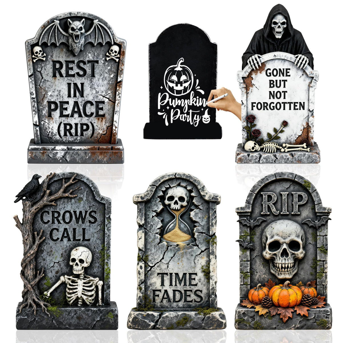 25” Halloween Tombstones Outdoor Decorations, 5 Pack Halloween Graveyard Headstone Decorations with 10 Bonus Metal Stakes for Outdoor Yard Lawn & Halloween Party Decor