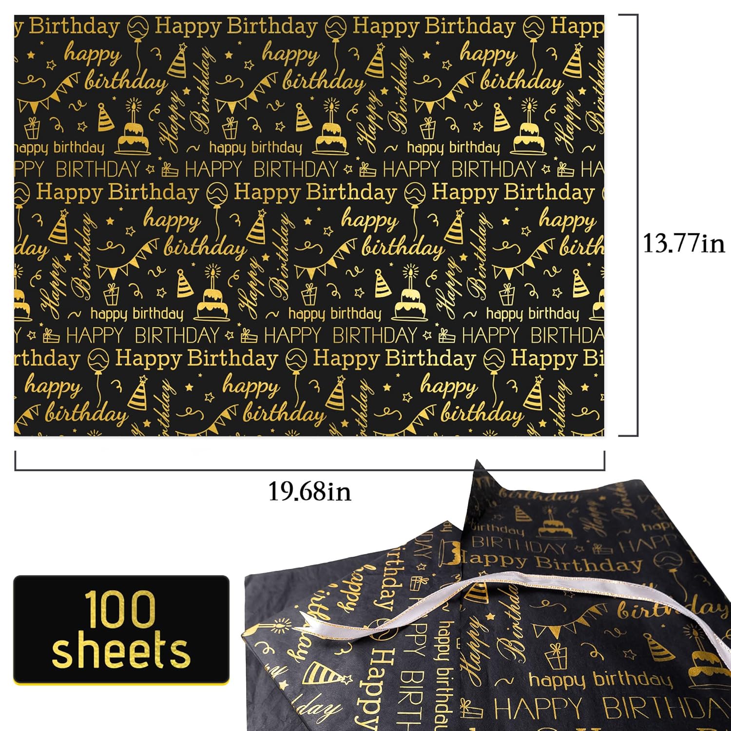 100 Sheets Black & Gold Birthday Tissue Paper - 20" X 14", Happy Birthday Design For Gift Bags & Parties