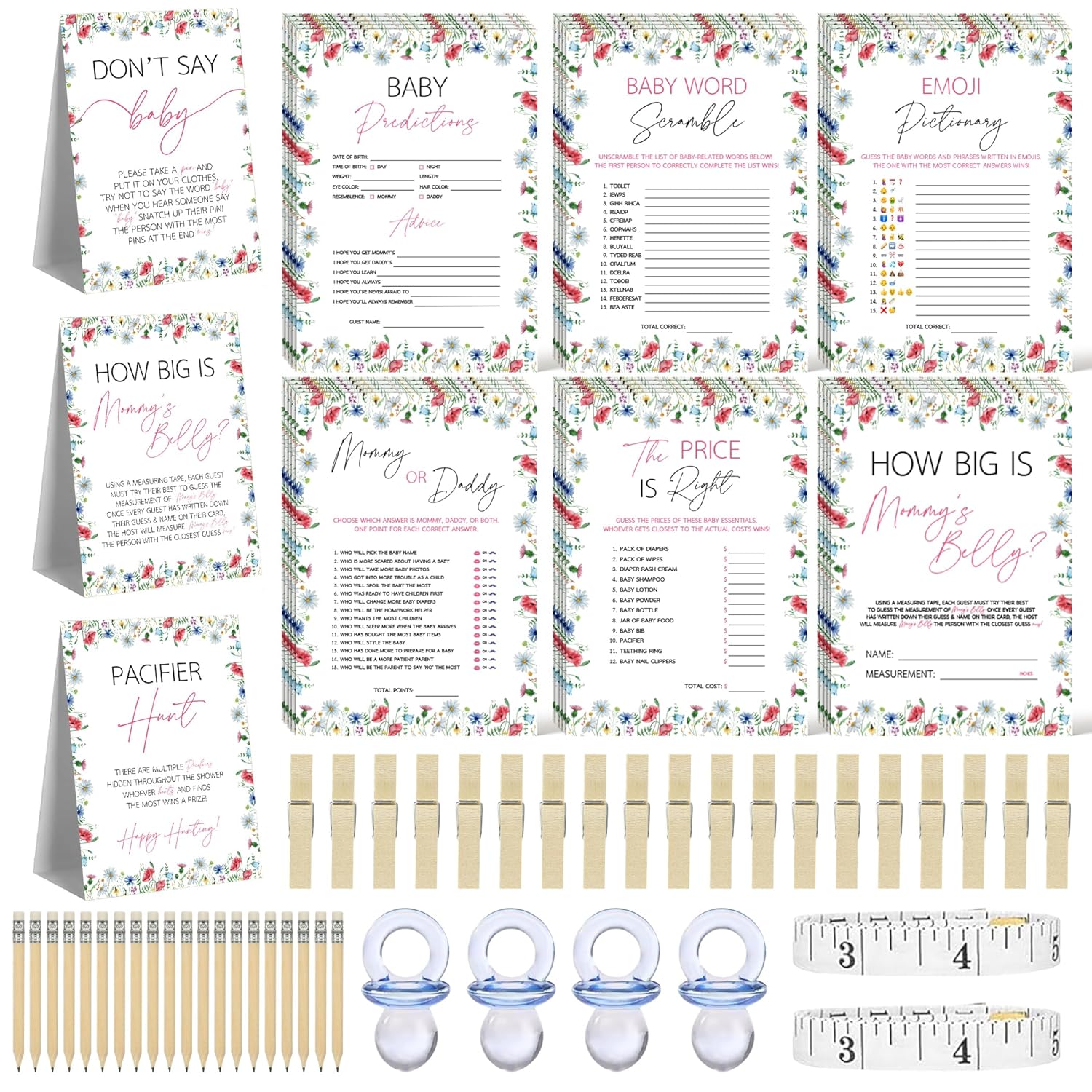Wildflower Baby Shower Games For 25 Guests, Pacifier Hunt, How Big Is Mommy’S Belly, Don’T Say Baby, Baby Predictions & Advice, Baby Word Scramble, Emoji Pictionary, Mommy Or Daddy, The Price Is Right