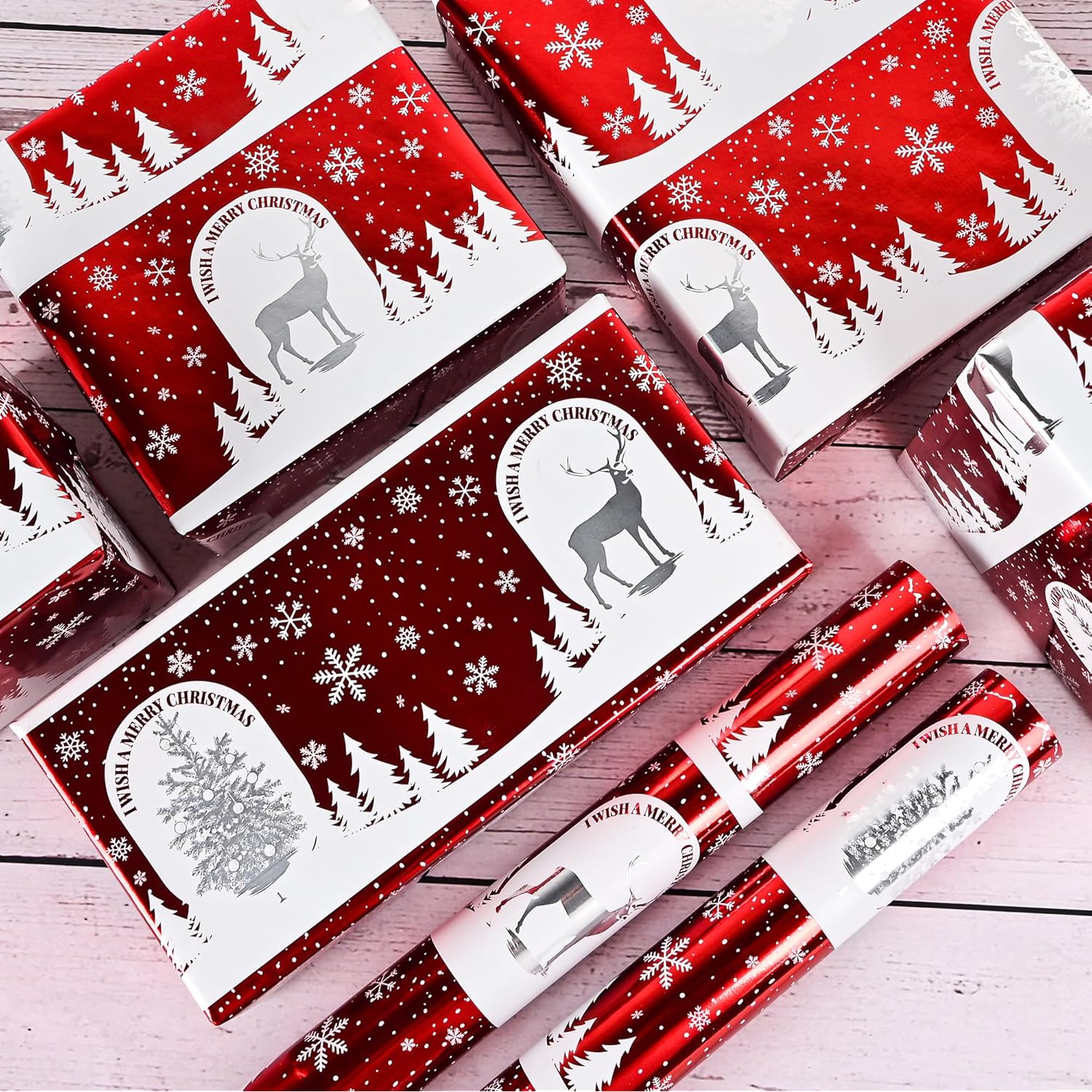 Christmas Wrapping Paper Mini Roll 17 Inch X 16.5 Feet Printed On Purple Metallic Foil Paper - Reversible, Santa And Snowflakes, For Xmas, Holiday, Party Celebration (Red Christmas Foil, 17 Inch X 16.5 Feet)
