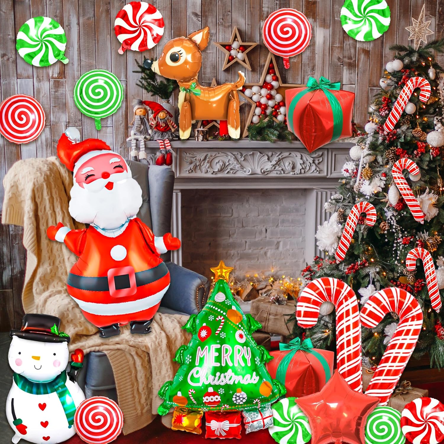 40Pcs Christmas Foil Balloons,Large Sugarcane Sugar Vortex Balloon,Candy Cane Mylar Balloons,Santa Snowman Christmas Reindeer,Christmas Decorations For Candies Theme Party,Xmas With Ribbon & Glue