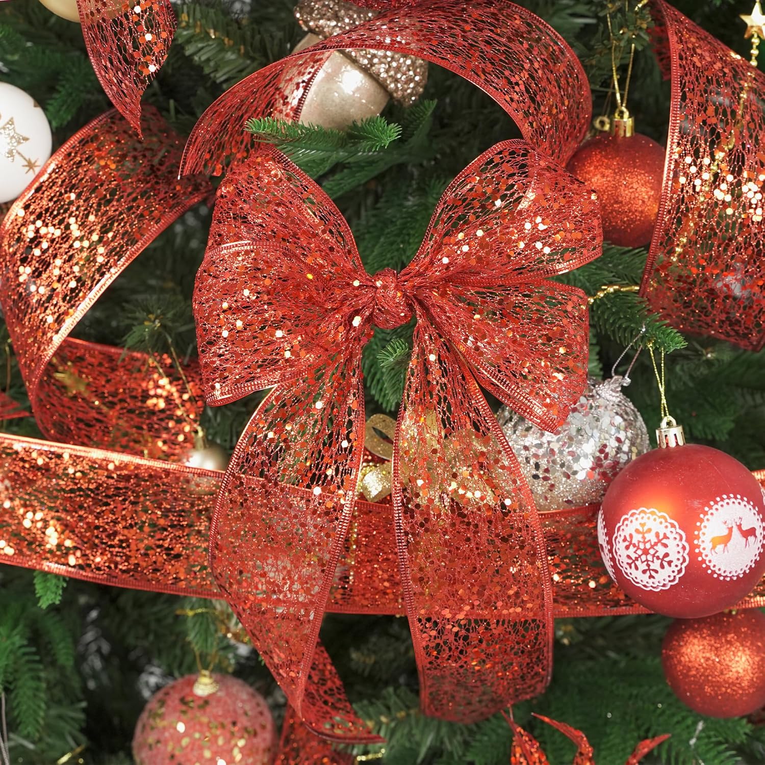 Red Glitter Ribbon Wire Mesh Ribbons With Sparkle Red Christmas Ribbons 2.5 Inch Metallic Wired Ribbon For Christmas Tree Decoration, Garland, Wreath Bow Making (25 Yards)