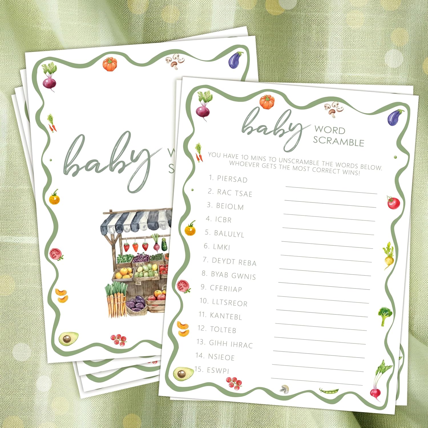 Locally Grown Baby Shower Game,Word Scramble Game Cards And Activities,Farmers Market Themed Party Decorations Supplies, 5”X7“ -25 Pcs -07