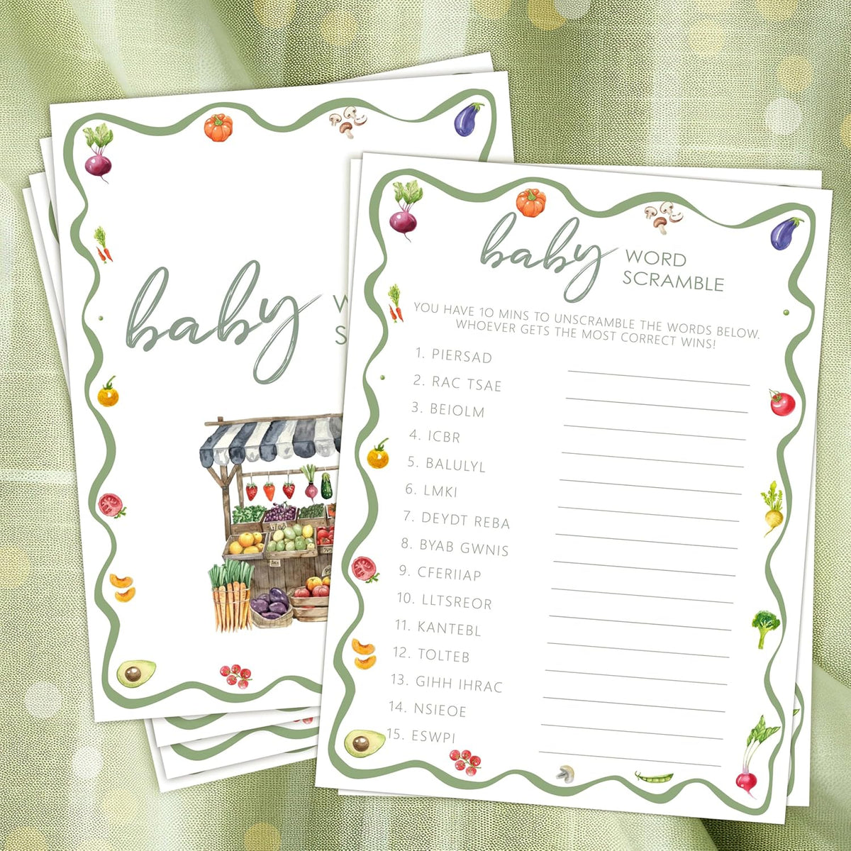 Locally Grown Baby Shower Game,Word Scramble Game Cards And Activities,Farmers Market Themed Party Decorations Supplies, 5”X7“ -25 Pcs -07