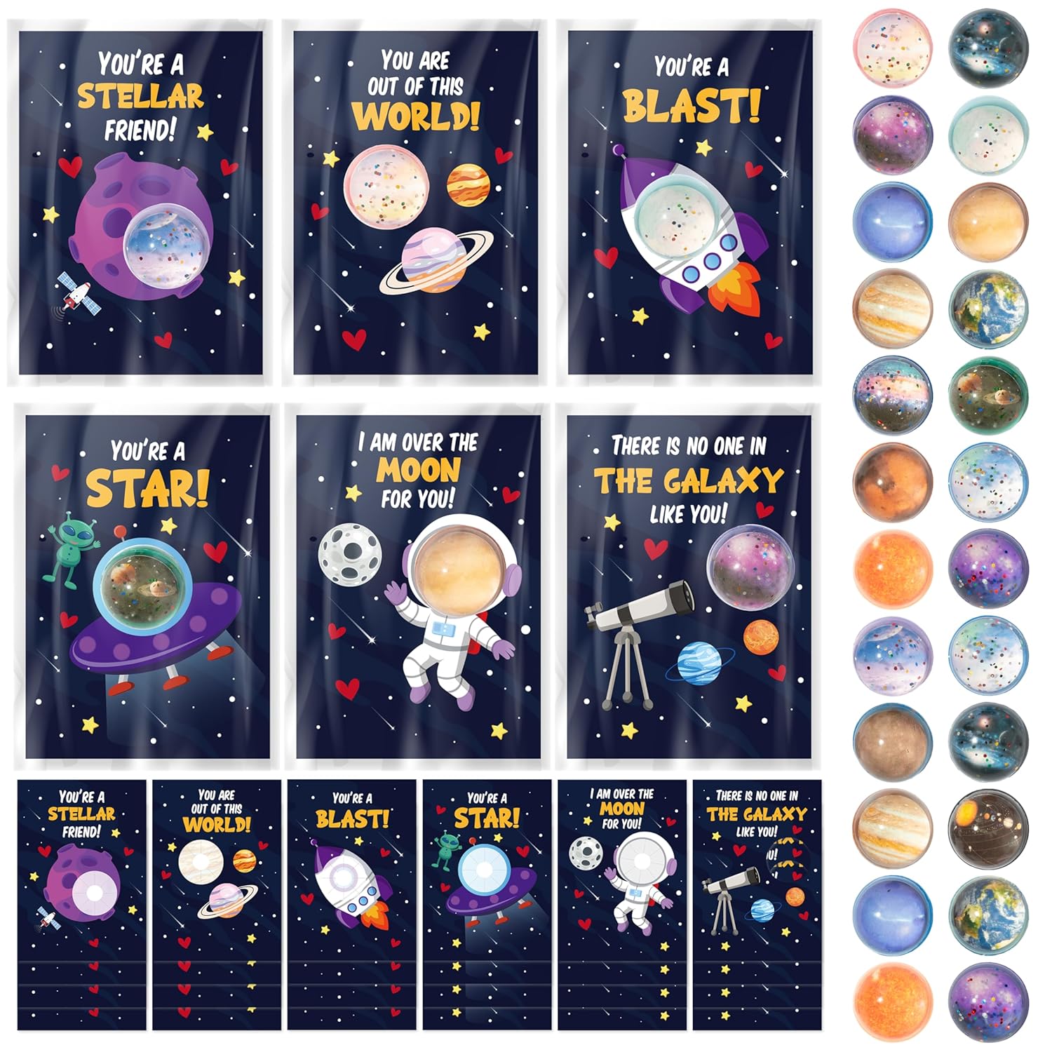 Valentine’S Day Space Exchange Gift - 24 Pack Galaxy Astronaut Greeting Card With Space Bounce Ball And Bag Bulk For Kid, Planet Galaxy Fidget Toy For Valentine Goodie Bag Stuffers Party Favor