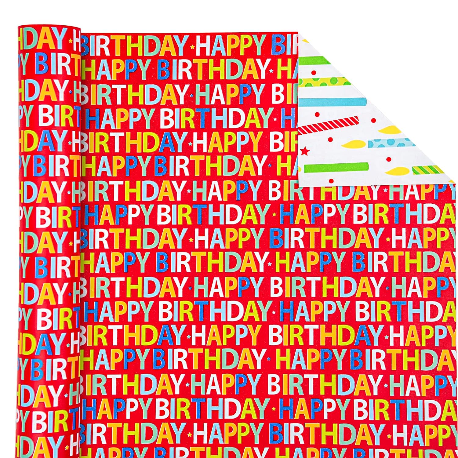 Reversible Birthday Wrapping Paper - Mini Roll - 17 Inch X 33 Feet - Happy Birthday Lettering On Red Design For Holiday, Party, Baby Shower
