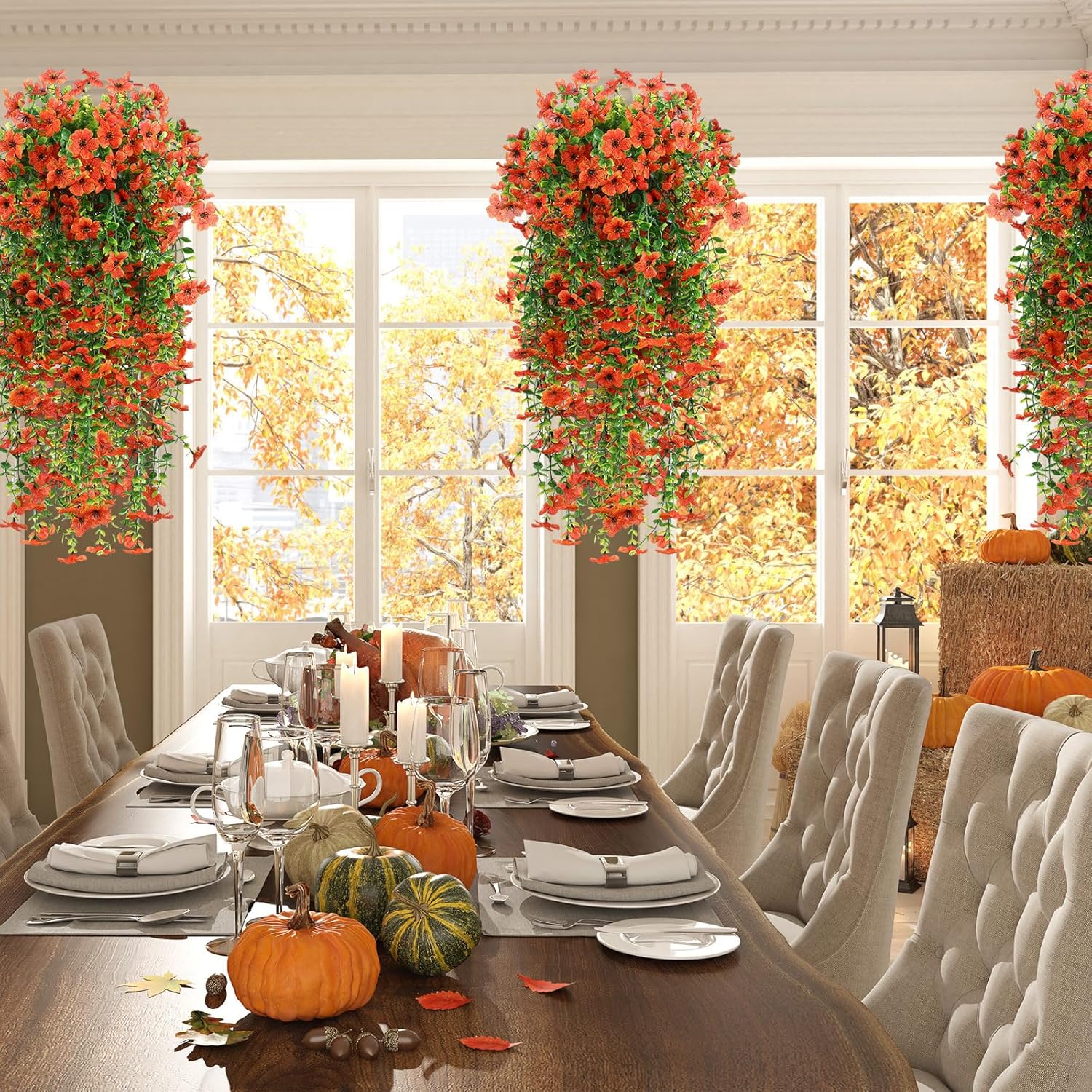 6 Pcs Thanksgiving Artificial Hanging Flowers For Outdoor Outside Decor 30 Inch Thanksgiving Fake Hanging Plants Silk Violets With Eucalyptus Uv Resistant Realistic Faux Flower For Window