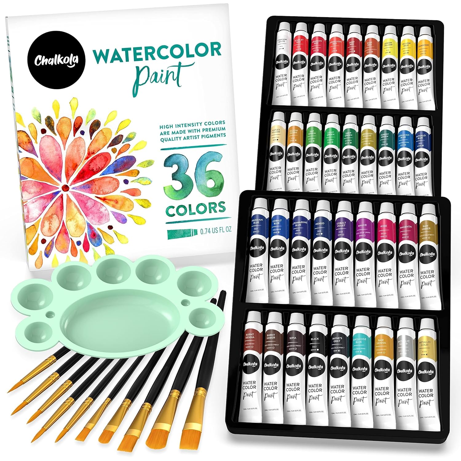 Watercolor Paint Set For Adults, Kids, Beginner & Professional Artists - 36 Watercolor Tubes Set (12Ml, 0.4Oz), 10 Painting Brushes & 1 Palette | Vibrant Water Color Art Painting Supplies