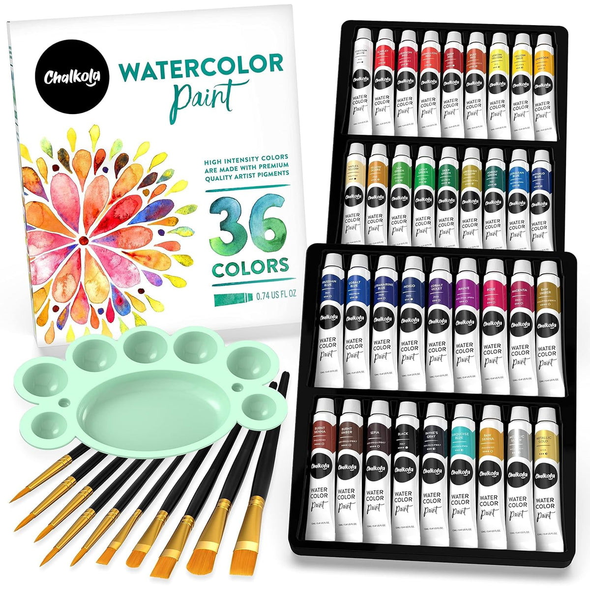 Watercolor Paint Set For Adults, Kids, Beginner & Professional Artists - 36 Watercolor Tubes Set (12Ml, 0.4Oz), 10 Painting Brushes & 1 Palette | Vibrant Water Color Art Painting Supplies