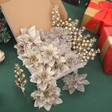 24Pcs Christmas Poinsettia Artificial Flowers And Glitter Berries Kit, 2 Styles Total 16Pcs Christmas Tree Flowers Ornaments, 8Pcs Christmas Tree Picks For Wedding Holiday Decorations, Champagne