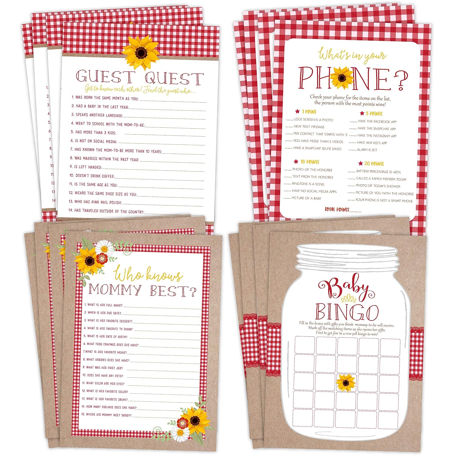 Bbq Baby Shower Games - Babyq Bingo, Find The Guest, What'S In Your Phone, Who Knows Mommy Best - 25 Games Each, Printed Front And Back, 1 Game Per Side