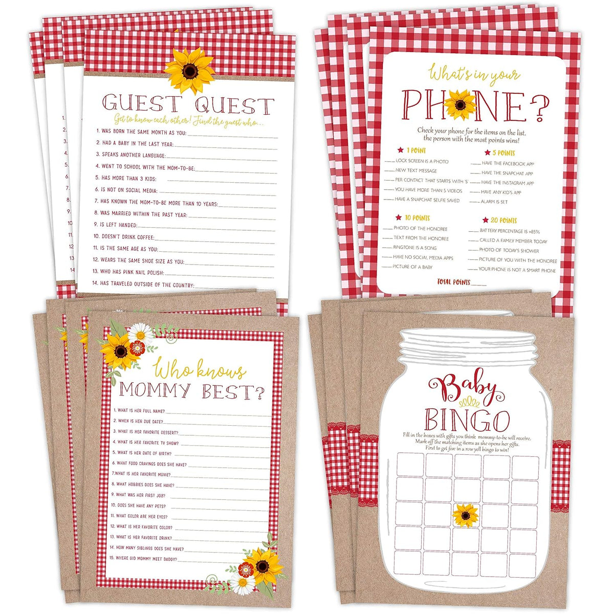 Bbq Baby Shower Games - Babyq Bingo, Find The Guest, What'S In Your Phone, Who Knows Mommy Best - 25 Games Each, Printed Front And Back, 1 Game Per Side