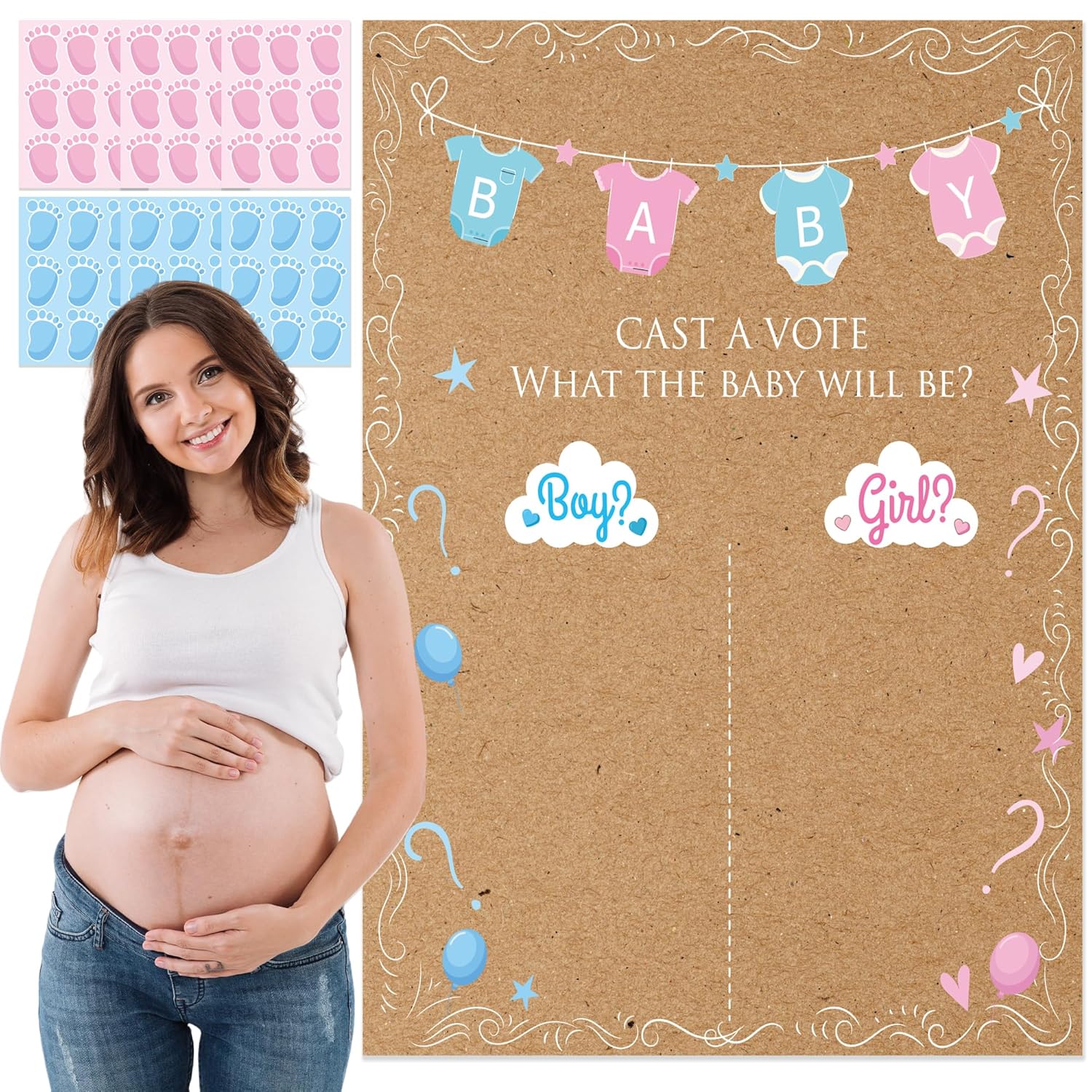 Gender Reveal Games Kit, Gender Reveal Voting Poster Board With 54 Voting Stickers For Gender Reveal Party Game Decorations(Brown)