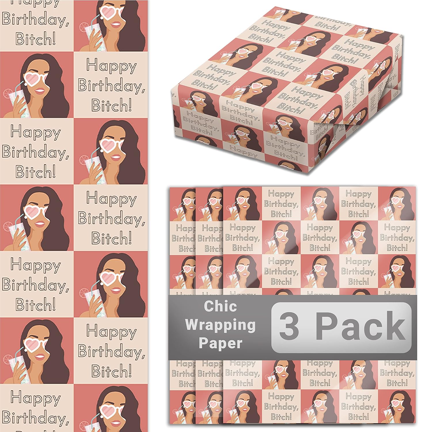 Super Cute Funny Happy Birthday Girl 20X30 In Wrapping Paper Sheets 3 Pk. Recyclable Novelty Design Squares Great For Friends. Unique Folded Heavy Duty Gift-Wrap Papers For Women’S Bday Gifts.