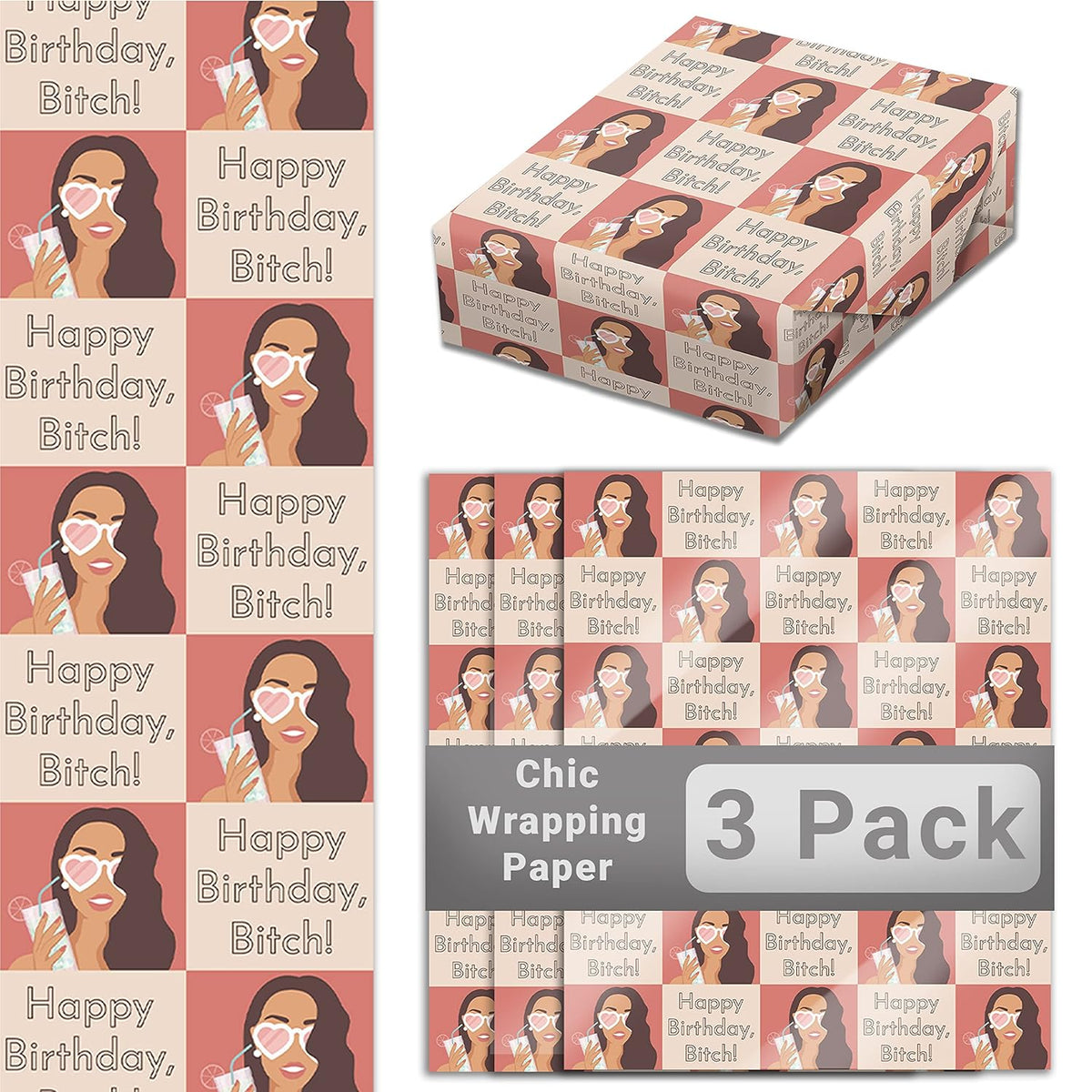Super Cute Funny Happy Birthday Girl 20X30 In Wrapping Paper Sheets 3 Pk. Recyclable Novelty Design Squares Great For Friends. Unique Folded Heavy Duty Gift-Wrap Papers For Women’S Bday Gifts.