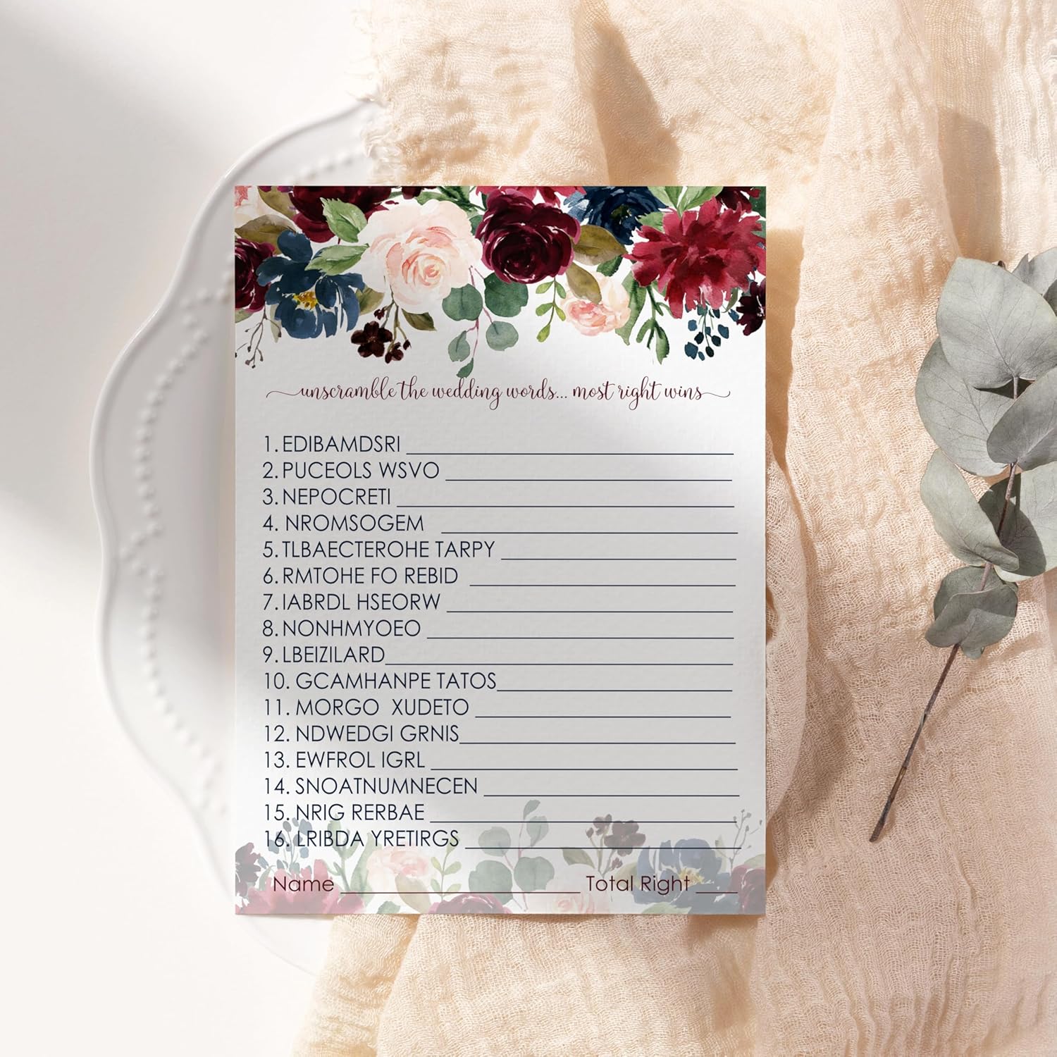 Blue Floral Bridal Shower Games - 25 Cards - Wedding Word Scramble Game - Fun Guessing Activity For Guests - Engagement Parties & Rehearsal Dinners - Burgundy And Gold Greenery Design