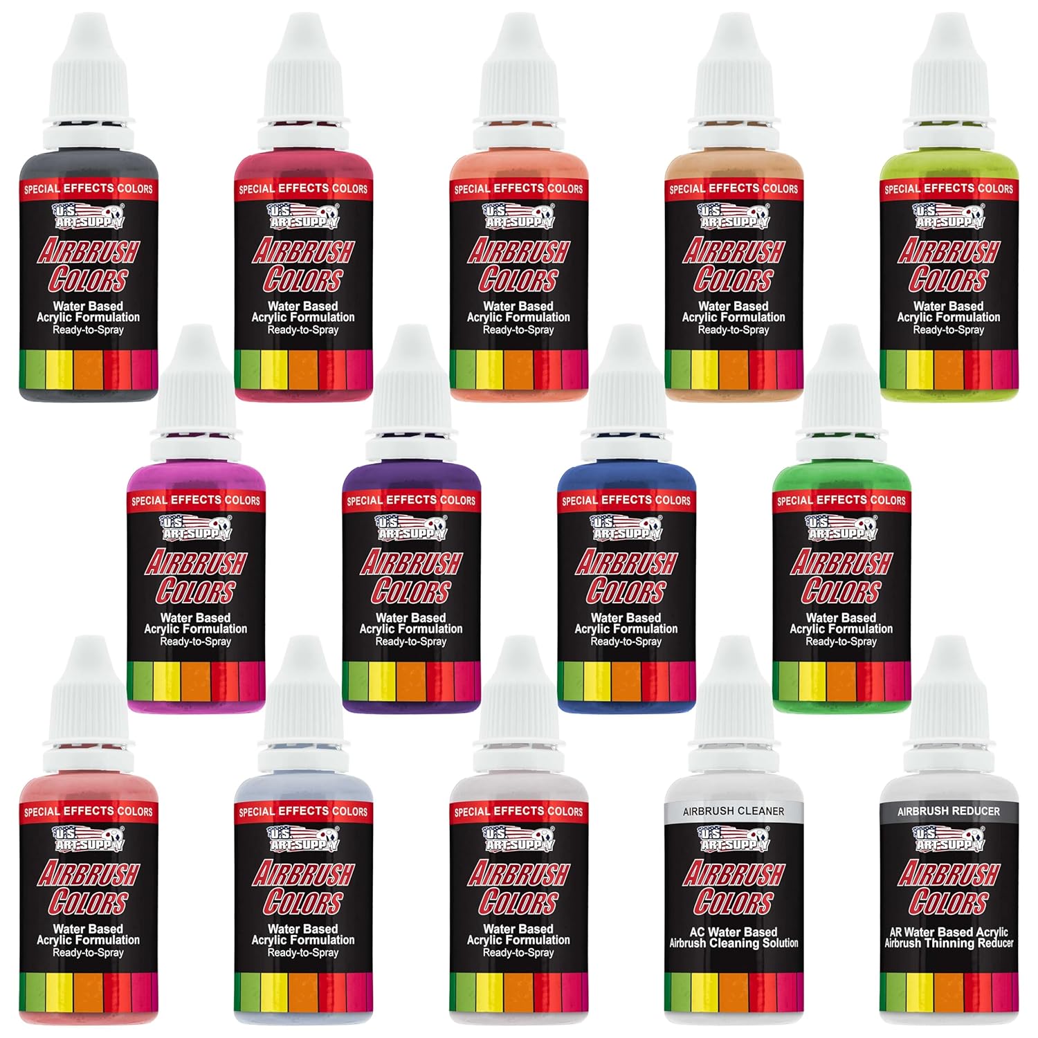 Airbrush Paint Set - 12 Color Pearlized With Reducer & Cleaner, Ready To Spray Air Brush Paint, 1-Ounce Water-Based Acrylic For Painting Metal, Plastic Models, Canvas, Wood