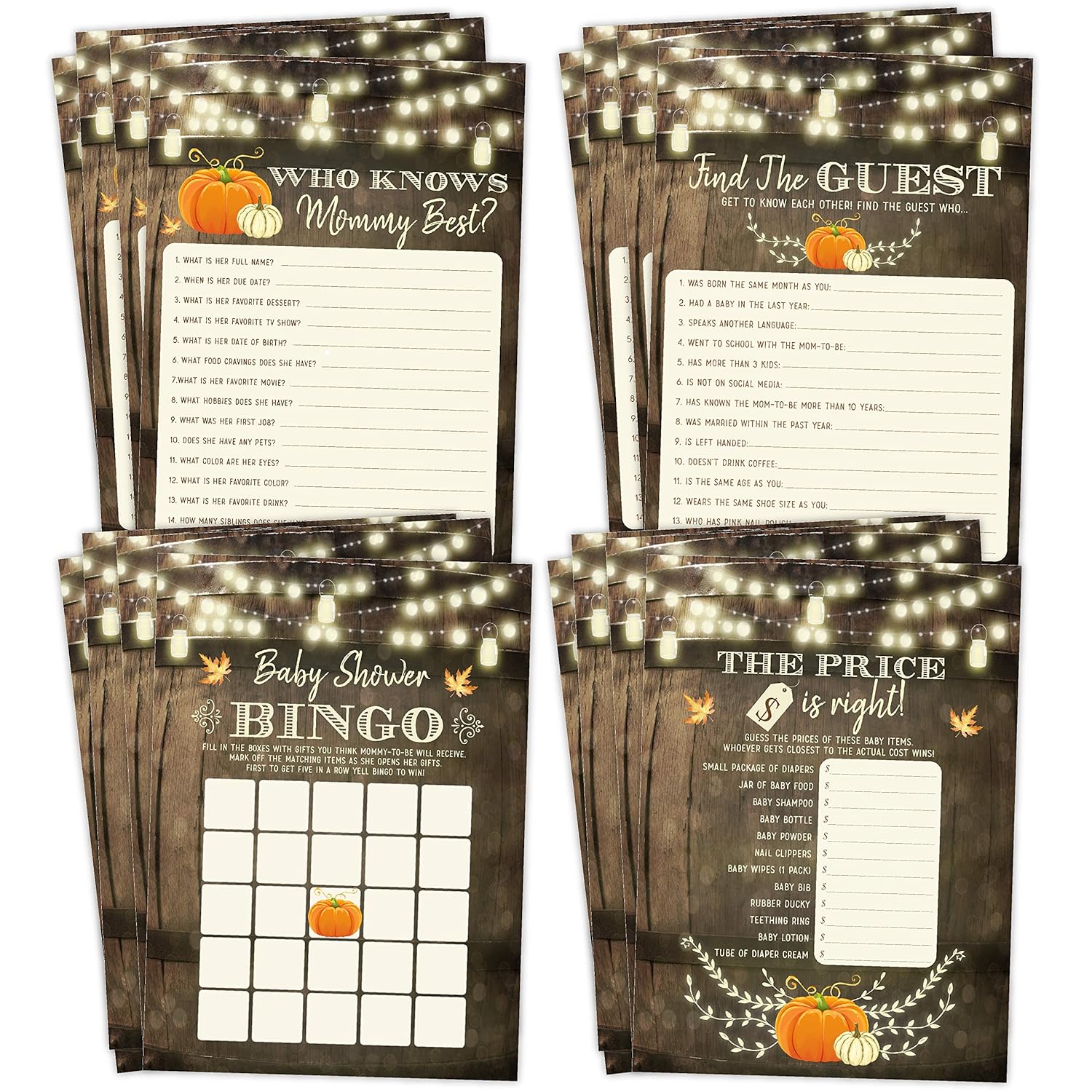Fall Pumpkin Baby Shower Games, Neutral Yellow Bingo, Find The Guest, The Price Is Right, Who Knows Mommy Best, 25 Games Each