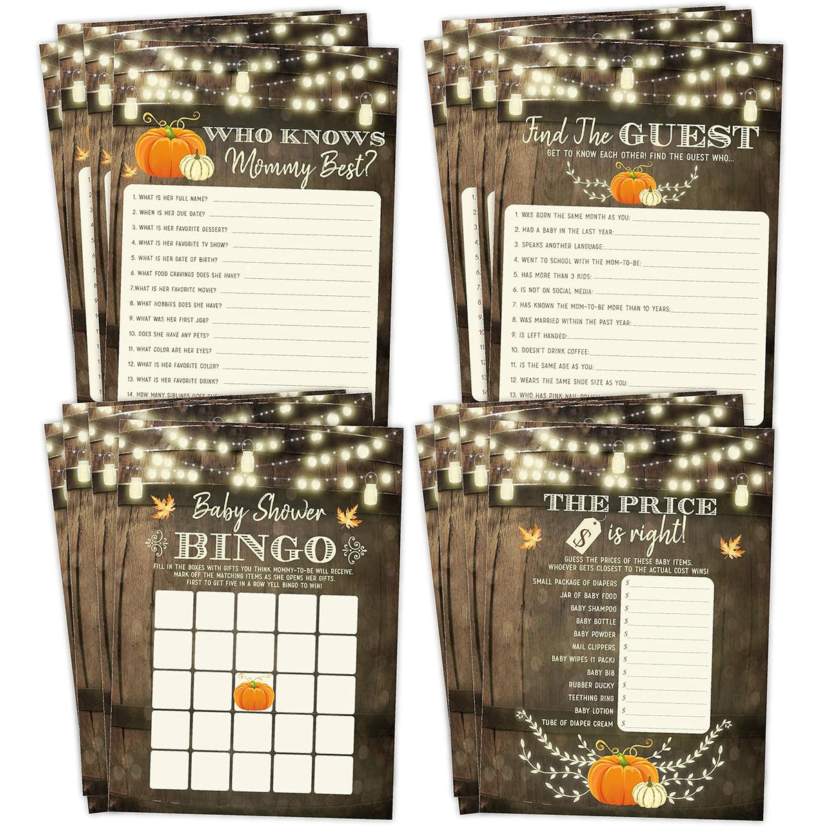 Fall Pumpkin Baby Shower Games, Neutral Yellow Bingo, Find The Guest, The Price Is Right, Who Knows Mommy Best, 25 Games Each