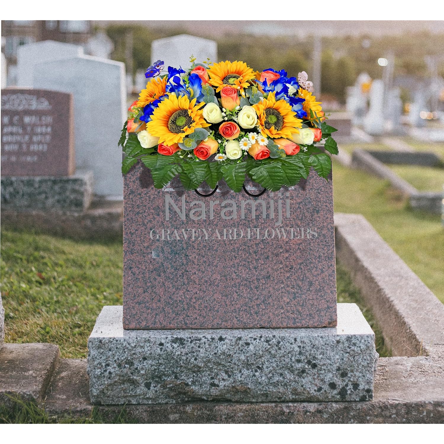Artificial Cemetery Flowers For Grave Decoration: Sympathy & Memorial Bouquets With Headstone Saddle – Sunflower, Rose, Cattleya – Fade-Resistant