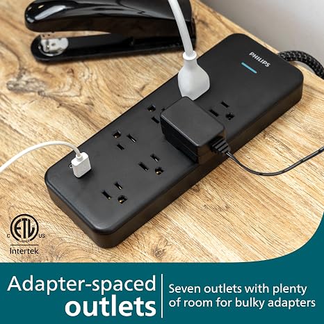 Philips 7 Outlet Surge Protector 1 USB A 1 USB C 6FT Braided Cord