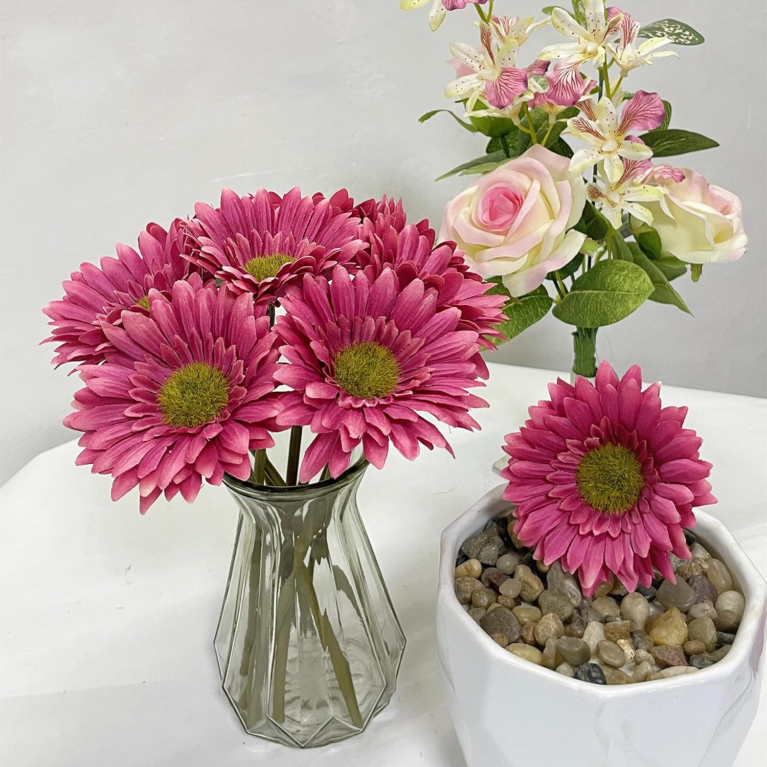 10Pcs Artificial Daisy Artificial Flowers Gerbera Daisy Silk Flowers Faux Flower For Party Home Kitchen Garden Wedding Decor(Hot Pink)