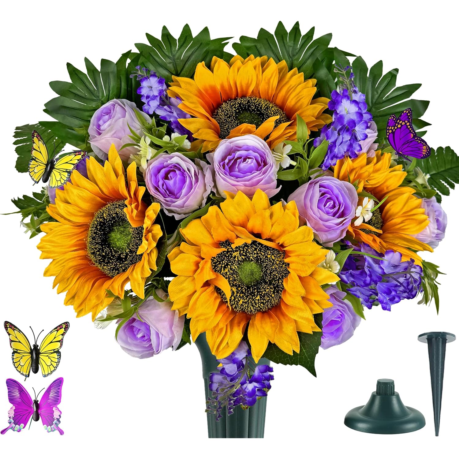 Artificial Cemetery Flowers - Memorial Flowers - Outdoor Grave Flower Decorations,Sympathy Flower With Vase - Rose Sunflower Hyacinth