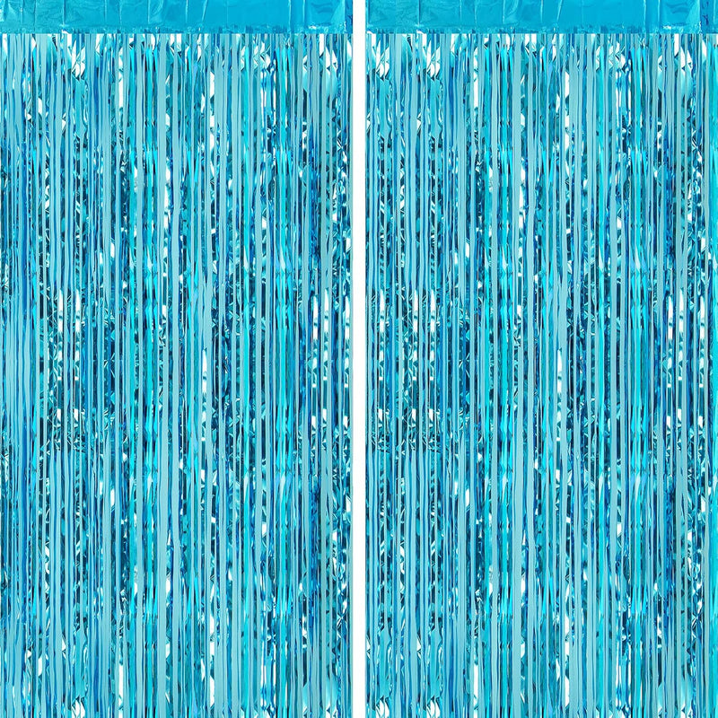 2Pcs 3Ft X 8Ft Light Blue Metallic Tinsel Foil Fringe Curtains Backdro