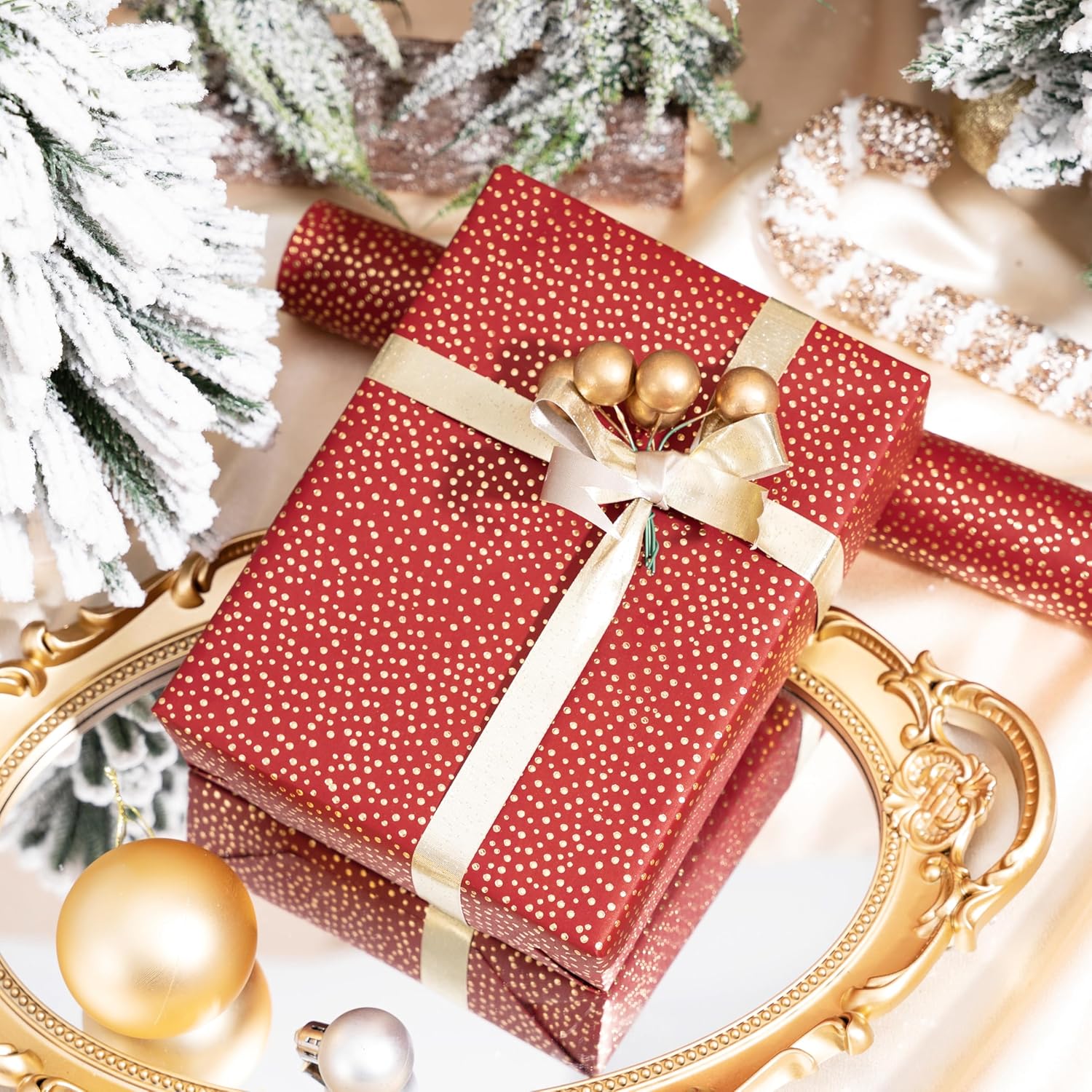 Red Dotty Wrapping Paper Roll, Sparkling Gold Irregular Dots In Red, Ideal For Birthday, Christmas, Valentine'S Day, For New Year Celebrations, Holiday Gift Wrapping, 17 Inches X 16.4 Feet