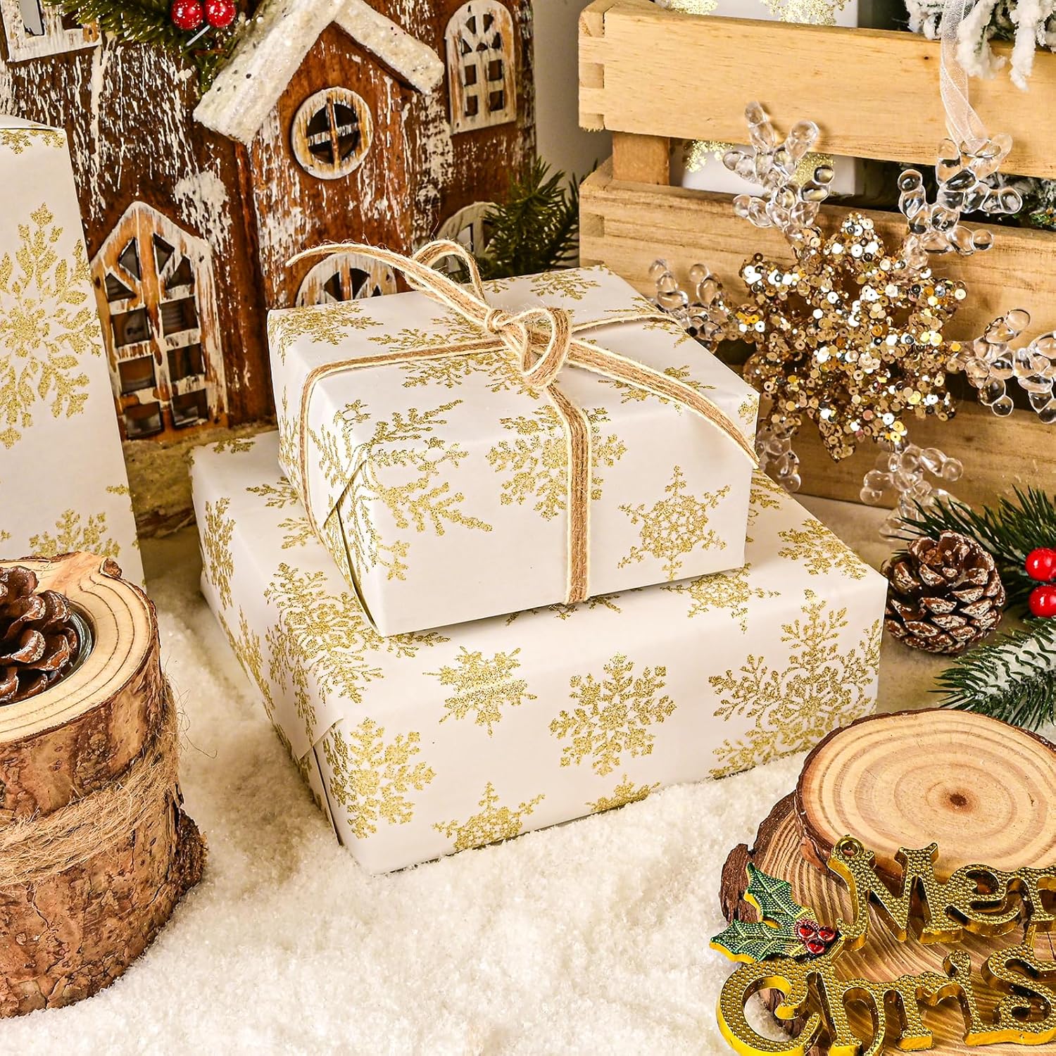 Gold Christmas Wrapping Paper Roll - White Gold Xmas Snowflake Design For Holiday Winter Parties(Gold Snowflake, 17 Inches X 16.5 Feet)