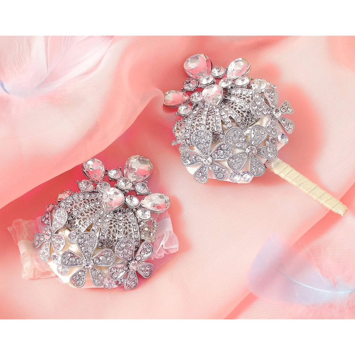 Corsage Wrist And Boutonniere Set 2 Luxury Artificial Rhinestones Handmade For Wedding Party Ceremony Anniversary Prom Perfect For Groom'S Boutonniere And Bride'S Wrist Flowers (Silvery)