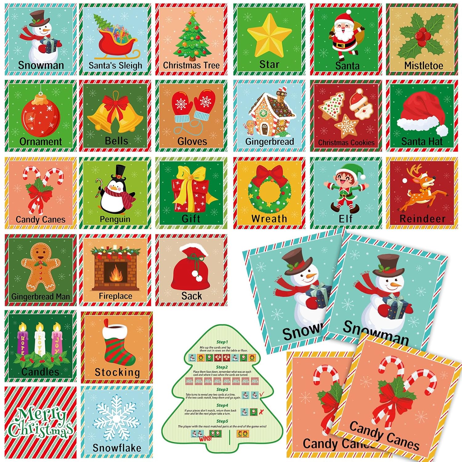 48 Pcs Christmas Memory Matching Games Holiday Matching Cards Xmas Memory Game Concentration Cards For Winter Educational Gifts Favors Family School Supplies