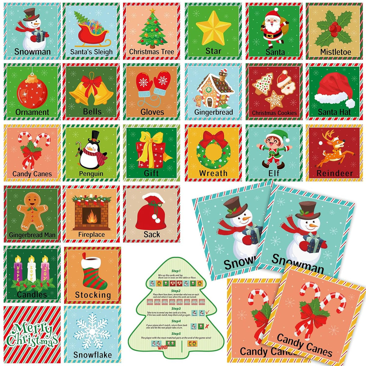 48 Pcs Christmas Memory Matching Games Holiday Matching Cards Xmas Memory Game Concentration Cards For Winter Educational Gifts Favors Family School Supplies