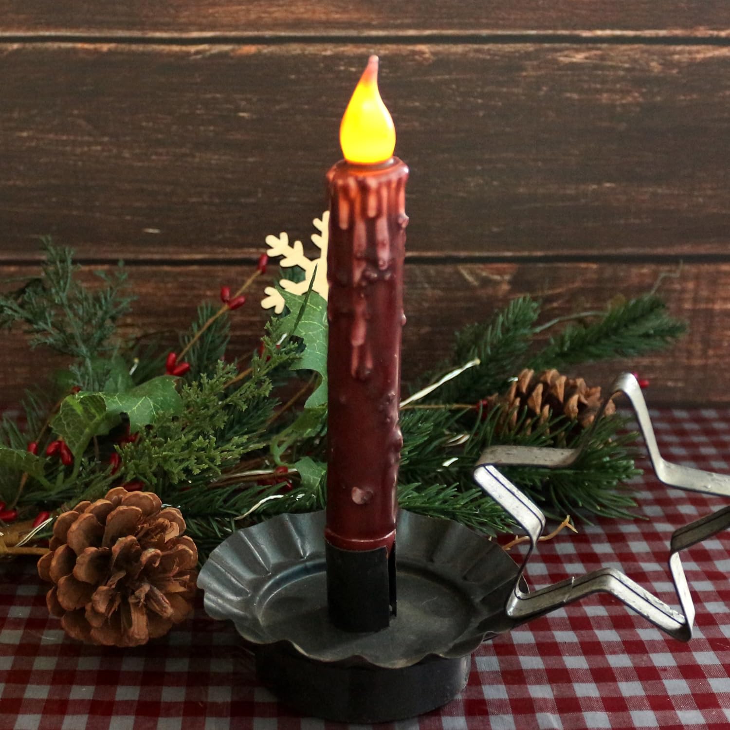 Real Wax Hand Dipped Battery Operated Led Timer Taper Candles Rustic Primitive Flameless Lights Décor, 6-3/4 Inch, Burgundy, 6 Pcs In A Package