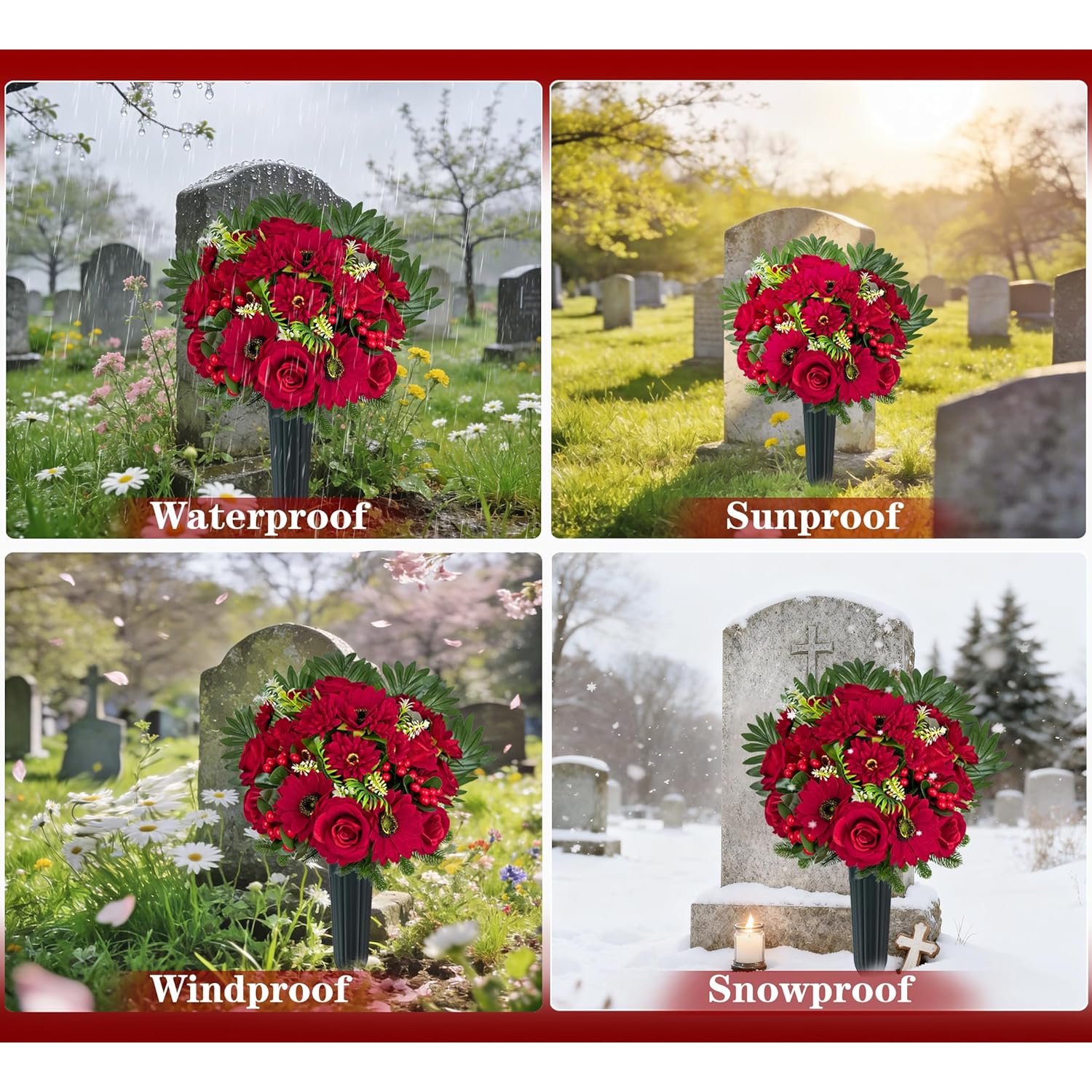 Ariticial Cemetery Headstone Flower -Outdoor Grave Decorations,Mixed Bouquet Of Artificial Silk Rose And Gerbera Daisies Christmas Red Berry For Tombstones (Vase Included)