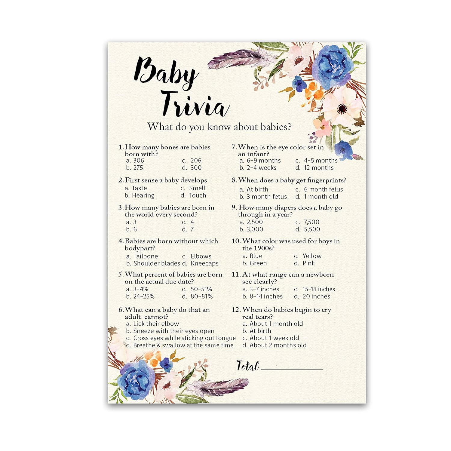 Boho Boy Baby Shower Games — Bohemian Baby Trivia Game — Pack Of 25 — Fun Facts Game, Blue Floral Garden Couples Shower Activity Gender Reveal Party G405-Trv
