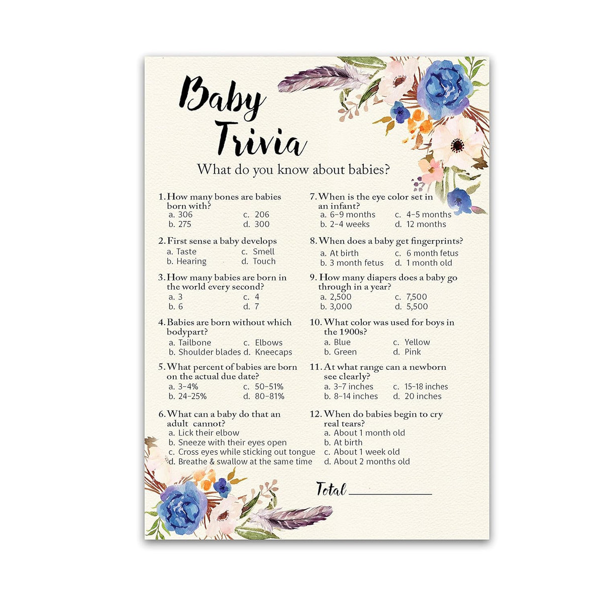 Boho Boy Baby Shower Games — Bohemian Baby Trivia Game — Pack Of 25 — Fun Facts Game, Blue Floral Garden Couples Shower Activity Gender Reveal Party G405-Trv