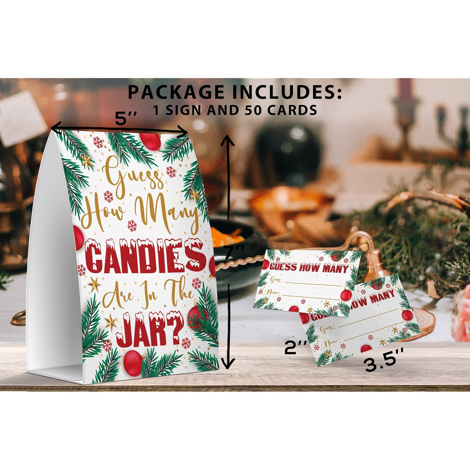 How Many - Candy Guessing Game, Christmas Party Games, Christmas Decorations, 1 Sign And 50 Game Cards, Baby Shower Games, Birthday Party (Green + Red)
