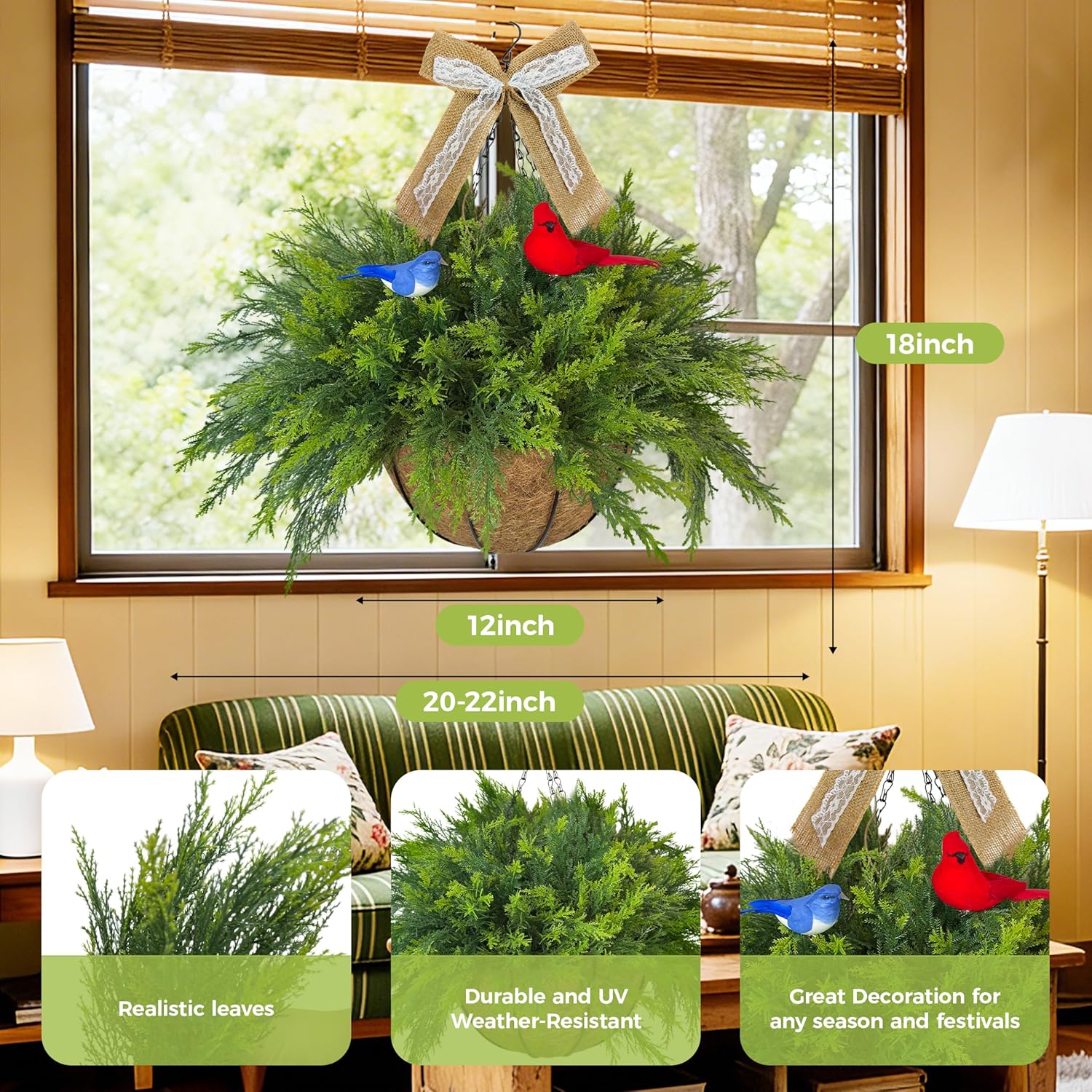 2 Set Artificial Cedar Hanging Baskets, Hanging Ferns Planters With 24 Pcs Cypress Leaves, Decor With Artificial Birds And Linen Bows,Uv Resistant For Spring Summer Outdoor Porch Garden Patio