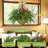 2 Set Artificial Cedar Hanging Baskets, Hanging Ferns Planters With 24 Pcs Cypress Leaves, Decor With Artificial Birds And Linen Bows,Uv Resistant For Spring Summer Outdoor Porch Garden Patio
